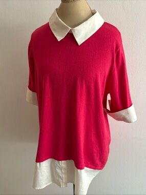 New York & Company Hot Pink Sweater with White Shirt-Trim